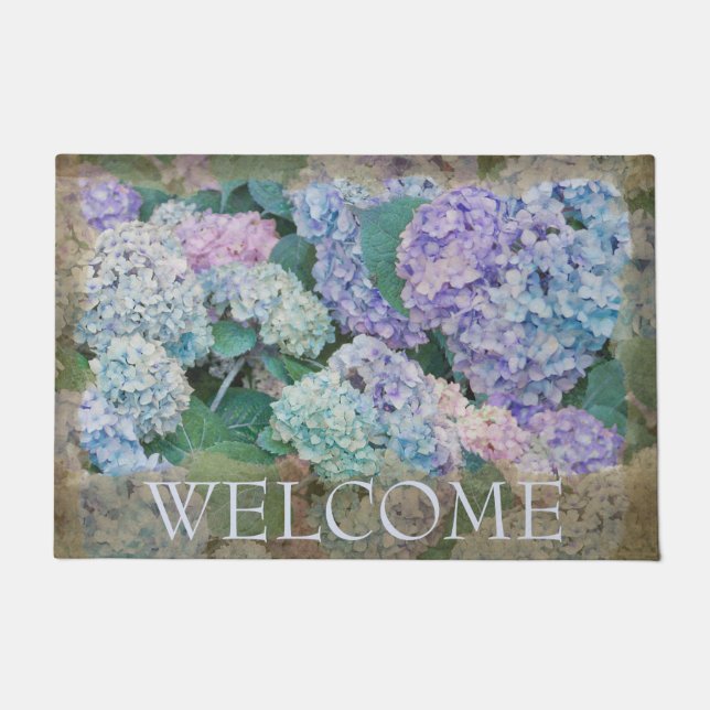 Floral Blue Hydrangea Willkommen 24" x 36" Fußmatte (Vorderseite)