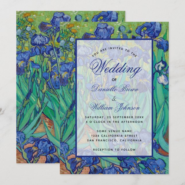 Floral Blue Irises Van Gogh Wedding Calligraphy Einladung (Vorne/Hinten)