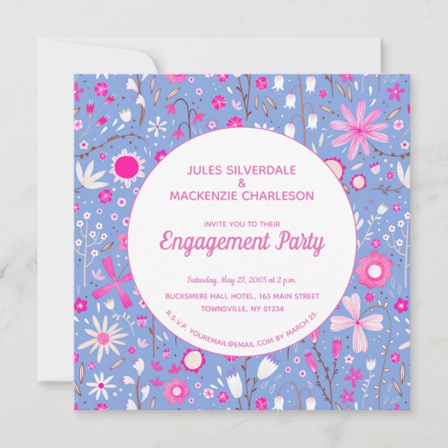 Floral Blue Modern Engagement Party Einladung (Vorderseite)