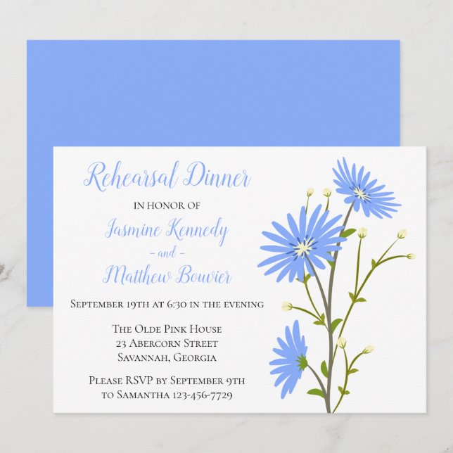 Floral Blue Probe Dinner Daisy Blume Hochzeit Einladung (Vorne/Hinten)