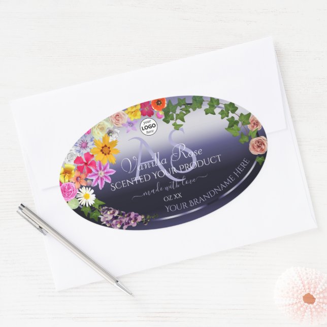 Floral Blue Product Packaging Étiquettes Monogramm (Enveloppe)