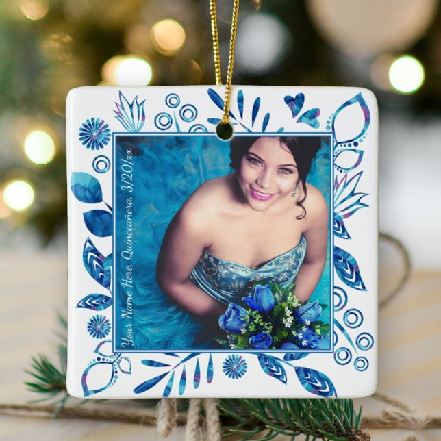 Floral Blue Quinceanera ornement photo de Noël (blue floral quinceanera photo ornament blue mis quince keepsake gift flowers hearts royal blue)