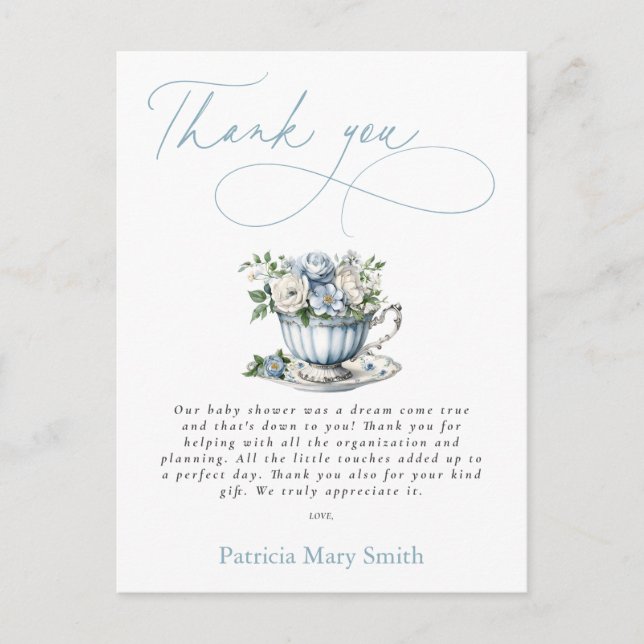 Floral Blue Tee Party Boy Baby Dusche Danke Postkarte (Vorderseite)