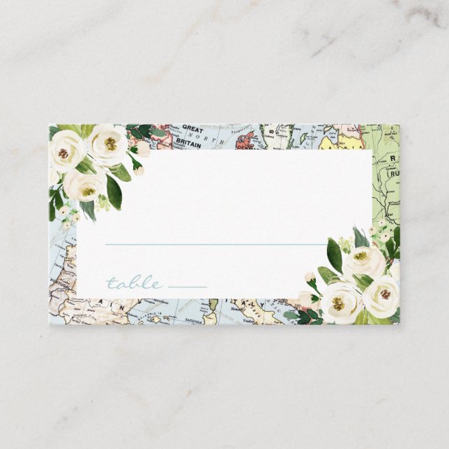 Floral Blue und Green Map Reisethema Platzkarte (Vorderseite)