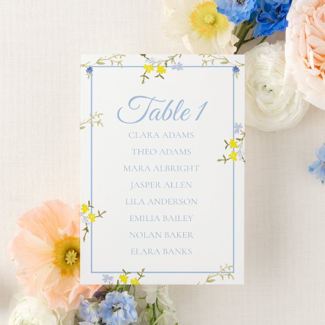 Floral Blue & Yellow Wedding Seating Chart Card Tischnummer (Von Creator hochgeladen)