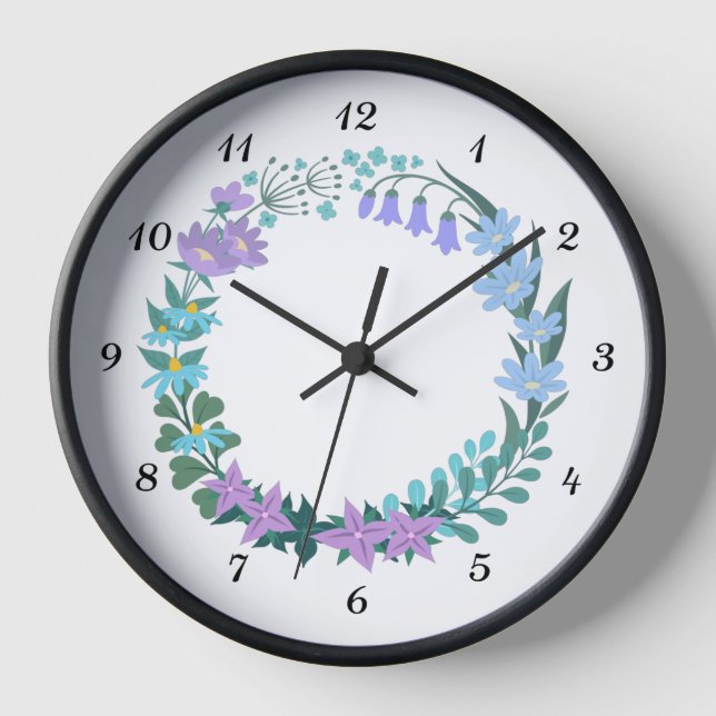 Floral Bluebell Lilac Blume Wreath Garland Uhr (Vorderseite)