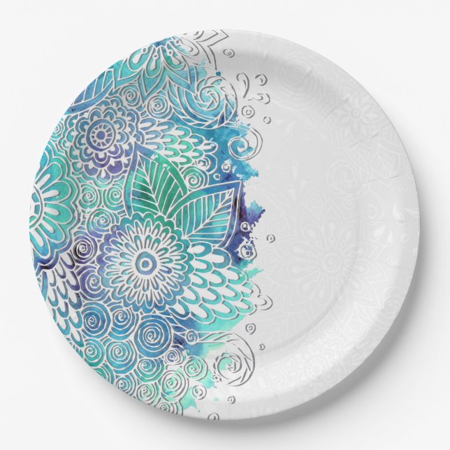 Floral Blues Watercolor Pappteller (Vorderseite)