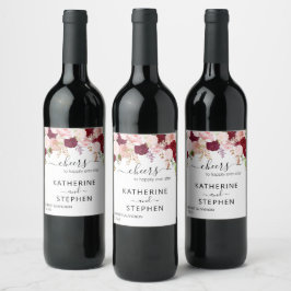 Floral Blume Cheers Wedding Blush Burgundy Weinetikett