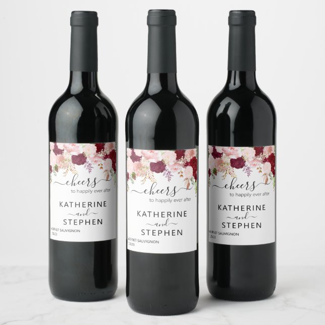 Floral Blume Cheers Wedding Blush Burgundy Weinetikett (Flaschen)