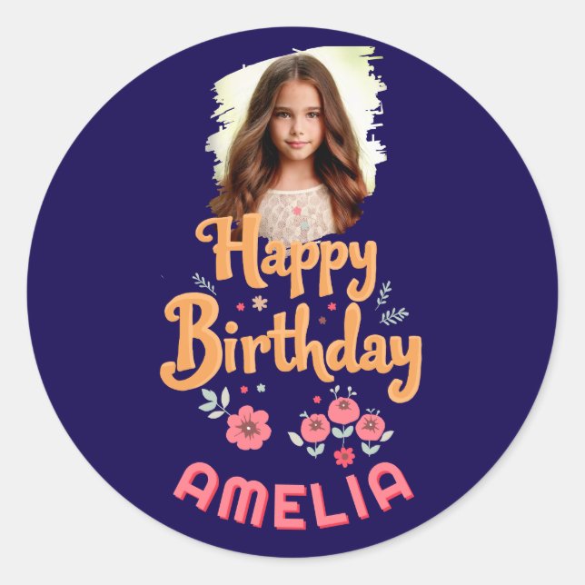 Floral Blume Happy Birthday Handlettering Foto Runder Aufkleber (Vorderseite)