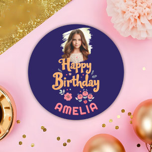Floral Blume Happy Birthday Handlettering Foto Runder Aufkleber