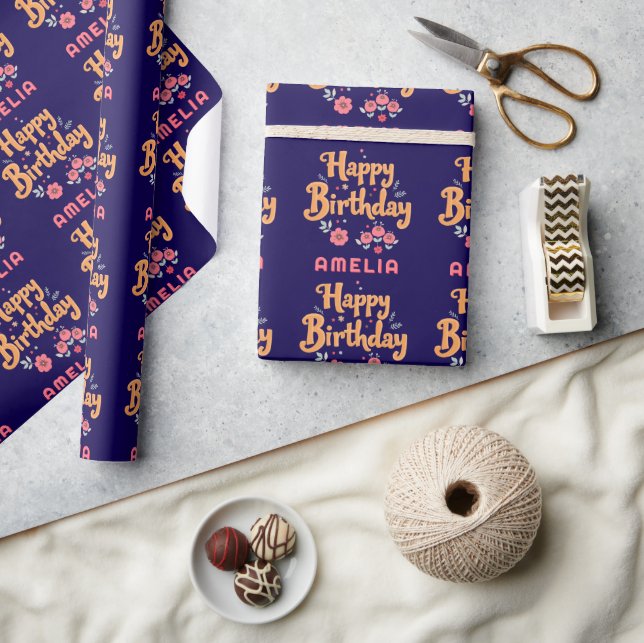 Floral Blume Happy Birthday Handschrift Geschenkpapier (Kunsthandwerk)