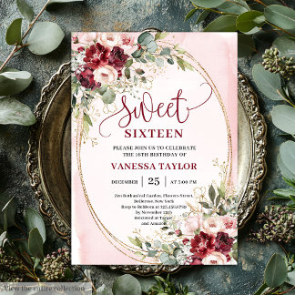 Floral Blush Burgundy Roses Sweet Sixteen Party  Einladung