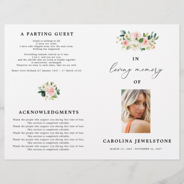 Floral Blush Celebration Of Life Programme (Devant)