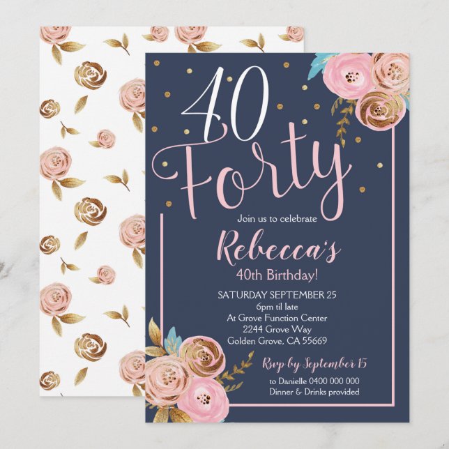 Floral Blush Navy 40e Invitation anniversaire 40e (Devant / Derrière)
