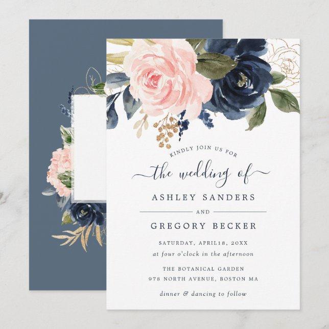 Floral Blush & Navy Elegant Typographie Invitation (Devant / Derrière)