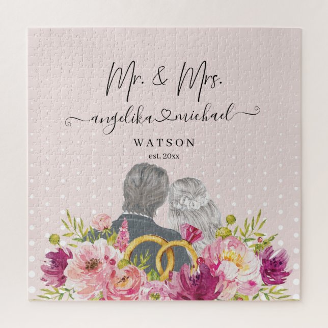 Floral Blush Peonies Trendy Script Mr. and Mrs. (Vertikal)