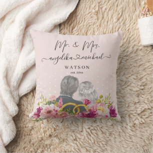 Floral Blush Peonies Trendy Script Mr. and Mrs. Kissen