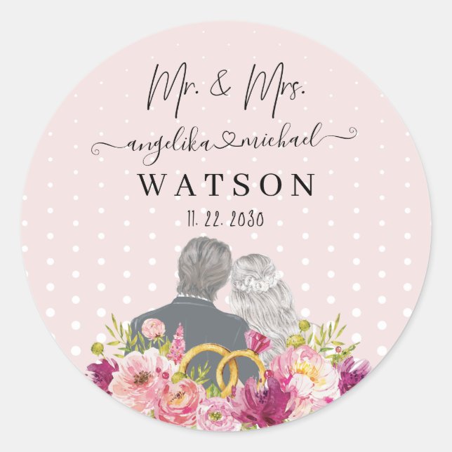 Floral Blush Peonies Trendy Script Mr. and Mrs. Runder Aufkleber (Vorderseite)