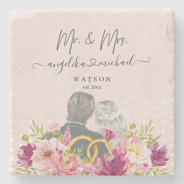 Floral Blush Peonies Trendy Script Mr. and Mrs. Steinuntersetzer (Vorderseite)