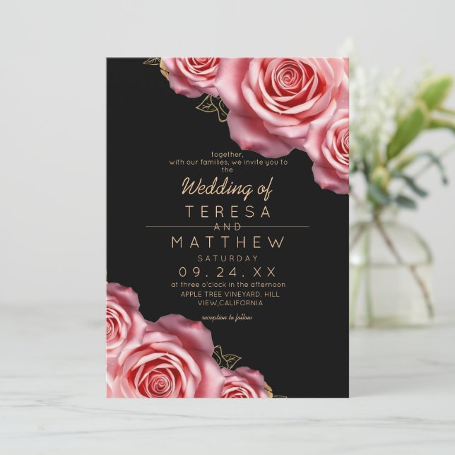 Floral Blush Pink and Black Modern Wedding Einladung (Stehend Vorderseite)