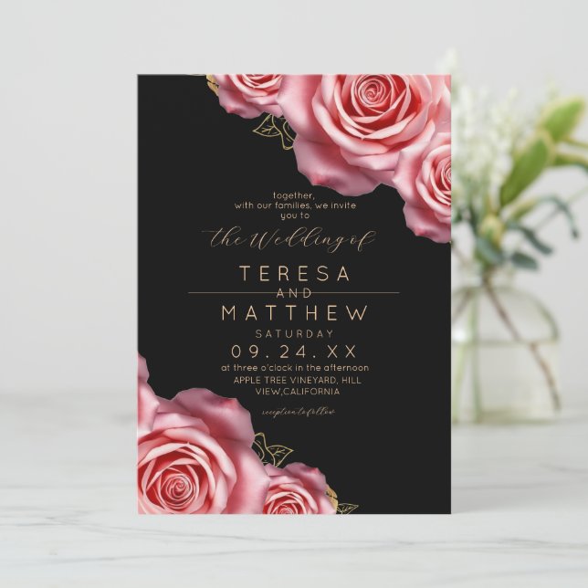 Floral Blush Pink and Black Modern Wedding Einladung (Stehend Vorderseite)