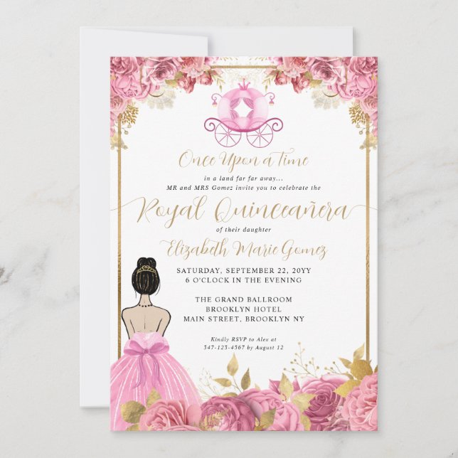 Floral Blush Pink Aschenputtel Royal Quinceanera Einladung (Vorderseite)