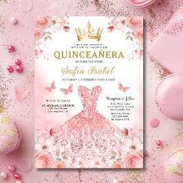 Floral Blush Pink Bilingual Spanish Quinceanera Einladung