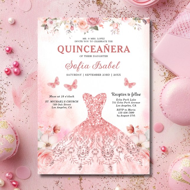 Floral Blush Pink Bilingual Spanish Quinceanera Einladung (Von Creator hochgeladen)
