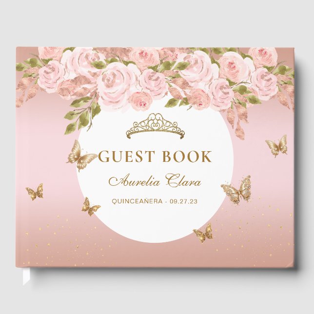 Floral Blush Pink Gold Tiara Butterfly Gästebuch (Vorderseite)