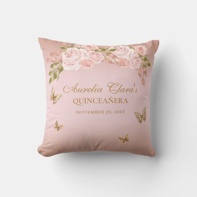 Floral Blush Pink Gold Tiara Butterfly Gästebuch Kissen (Vorderseite)