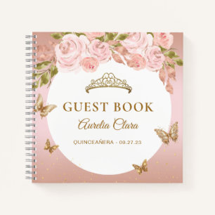 Floral Blush Pink Gold Tiara Butterfly Gästebuch Notizbuch