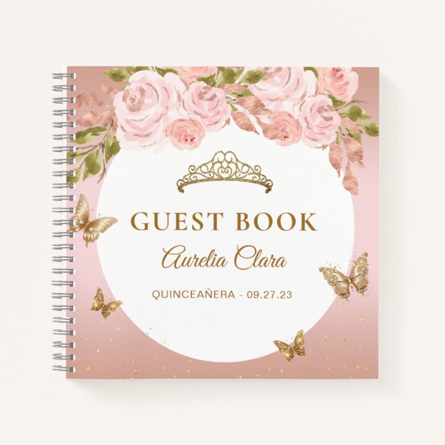 Floral Blush Pink Gold Tiara Butterfly Gästebuch Notizbuch (Vorderseite)
