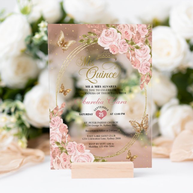 Floral Blush Pink Gold Tiara Butterfly Quinceañera Acryleinladungen (Von Creator hochgeladen)