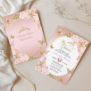Floral Blush Pink Gold Tiara Butterfly Quinceañera Einladung