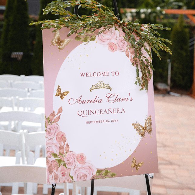 Floral Blush Pink Gold Tiara Butterfly Quinceañera Poster (Von Creator hochgeladen)