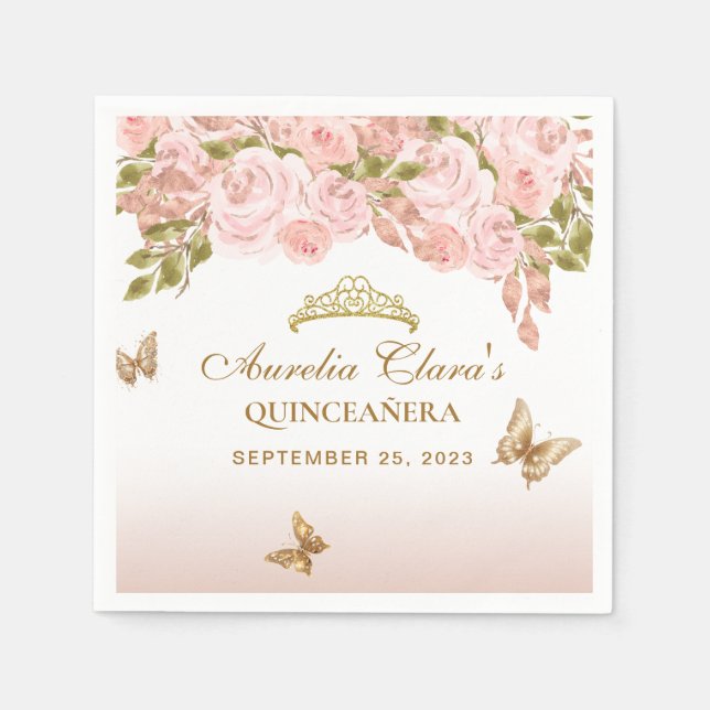 Floral Blush Pink Gold Tiara Butterfly Quinceañera Serviette (Vorderseite)
