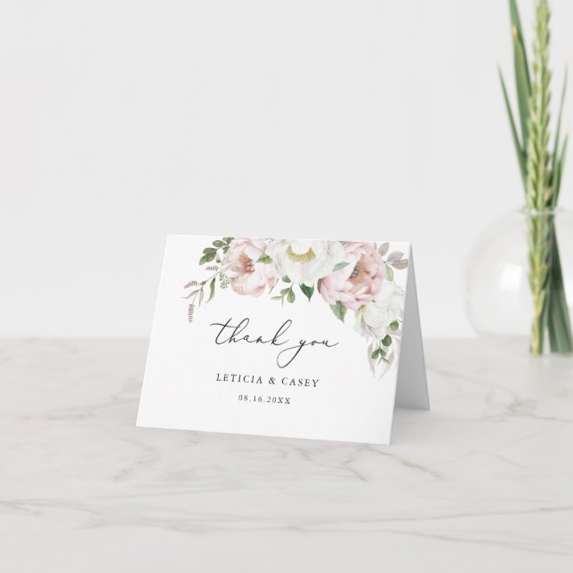 Floral Blush Pink White Peony Romantik Vielen Dank Dankeskarte (Vorderseite)