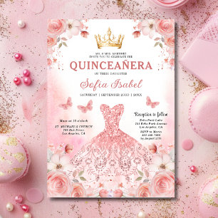 Floral Blush Pink Zweisprachige Spanische Quincean Einladung
