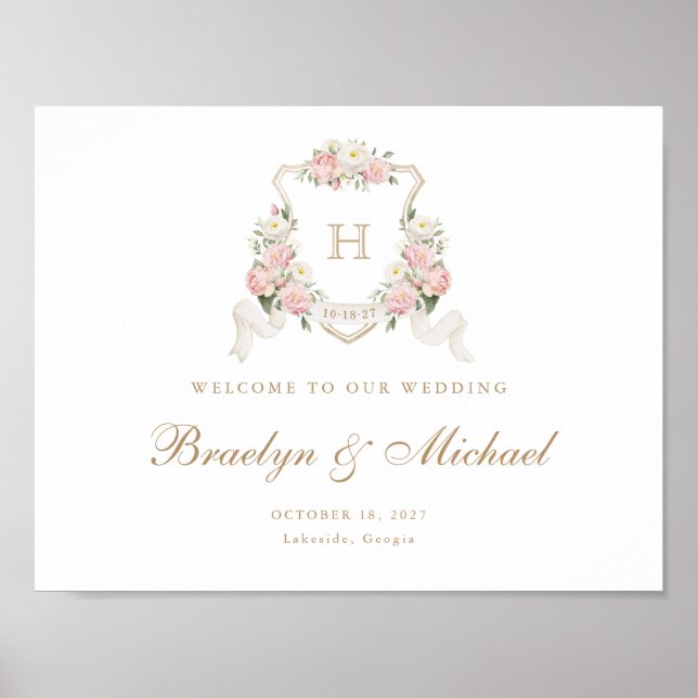 Floral Blush Rose Crest Monogramme Affiche de bien (Devant)