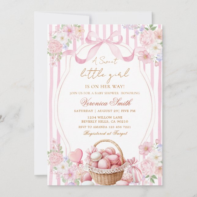 Floral Blush Stripe Pink Sweets Bow Baby Shower  Einladung (Vorderseite)