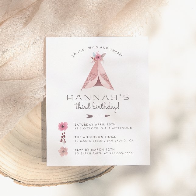 Floral Bohemisch Teepee Young Wild & Three Birthda Einladungspostkarte (Von Creator hochgeladen)