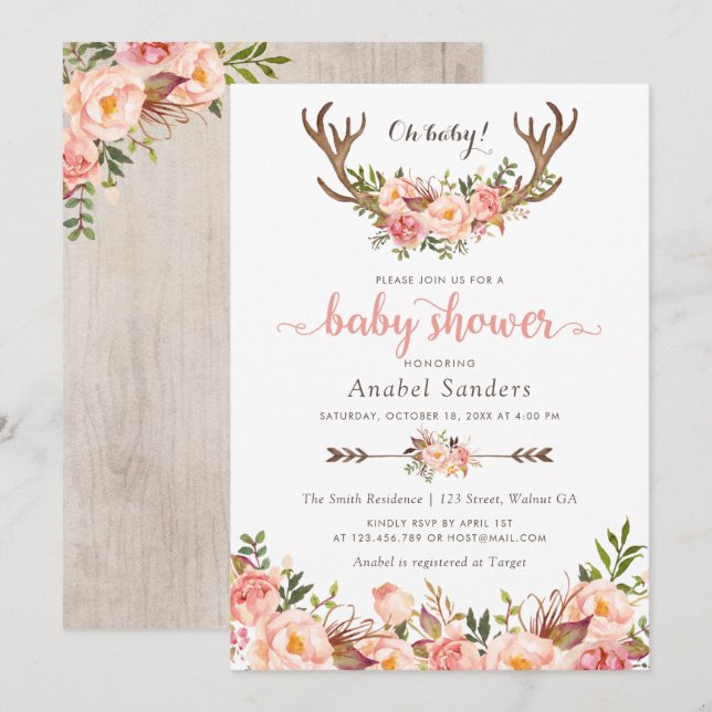 Floral Boho Antler Blush Chic Arrows Baby Dusche Einladung (Vorne/Hinten)
