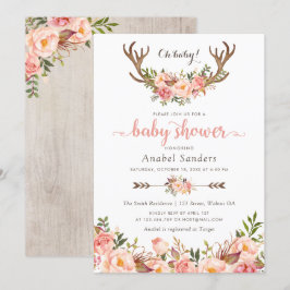 Floral Boho Antler Blush Chic Arrows Baby Dusche Einladung