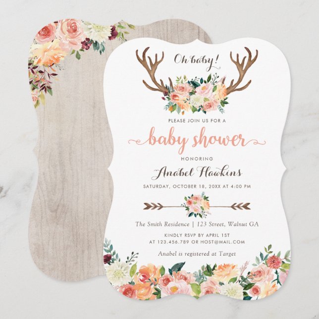Floral Boho Antler Blush Peach Arrows Baby Einladung (Vorne/Hinten)