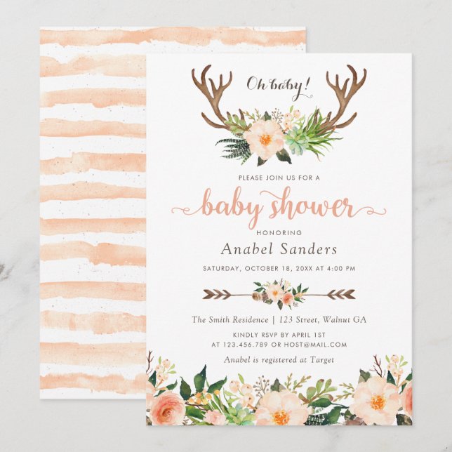 Floral Boho Antler Cactus Succulents Baby Shower Einladung (Vorne/Hinten)