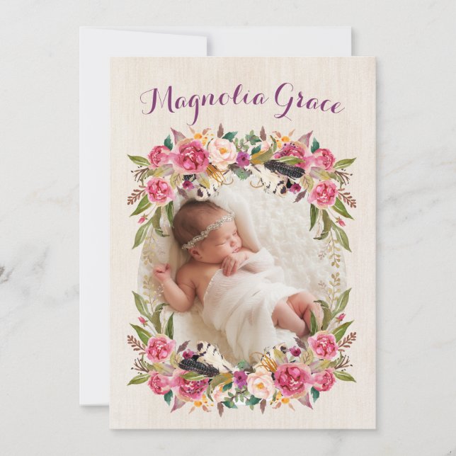 Floral Boho Baby Girl Geburtstagskarten Ankündigung (Vorderseite)