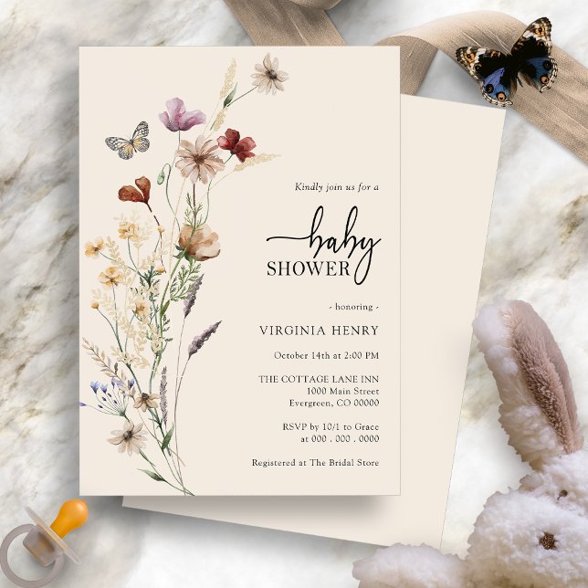 Floral Boho Baby Shower Einladung (Floral Boho Baby Shower Invitation with Butterfly by Painted Paperie
)