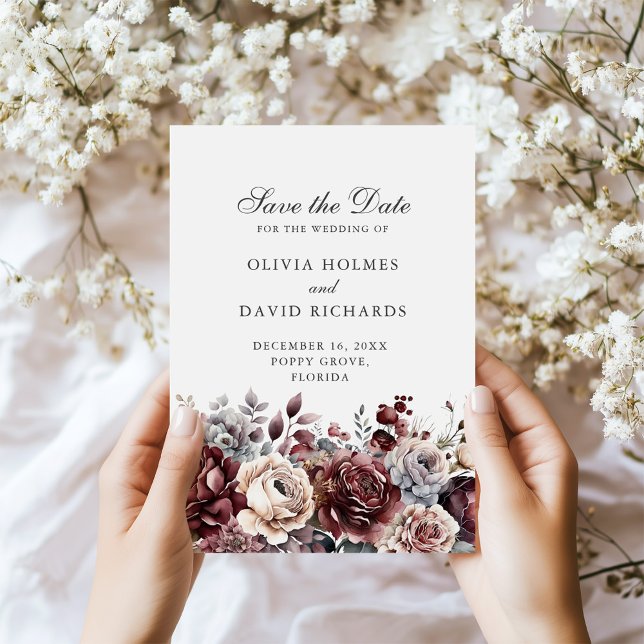 Floral Boho Beige Enregistrer la carte Date (Beige Boho Floral Save the Date Card in hands next to tiny white flowers)