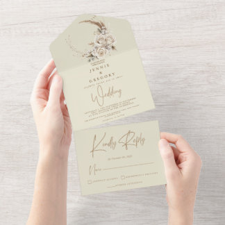 Floral Boho Blanc Tout en un Faire-part de mariage